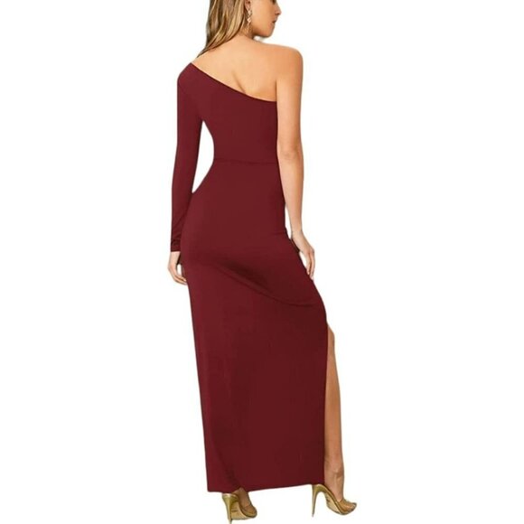 One Shoulder Long Sleeve Split Thigh Cocktail Party Maxi Dress | Small - Picture 4 of 11